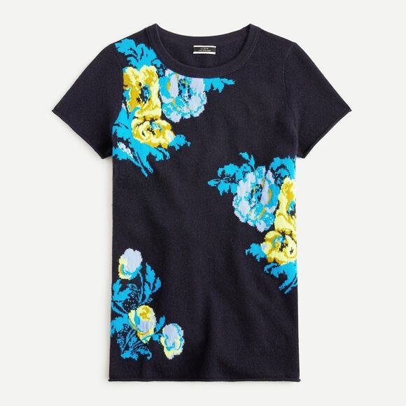 J. CREW Short Sleeve Cashmere T-shirt Sweater Navy Floral Women's XS Petite - Picture 8 of 8